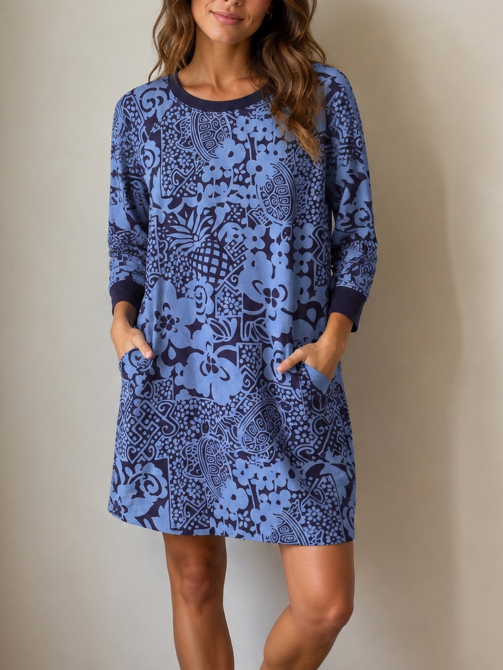 Tori Richard Honolulu Blue Abstract Printed 3/4 Sleeve Dress